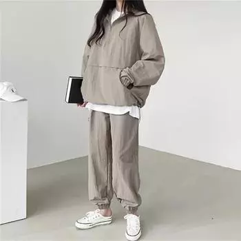 2 шт./комплект толстовка брюки костюм свободный однотонный цвет молния большой карман эластичный M чёрный