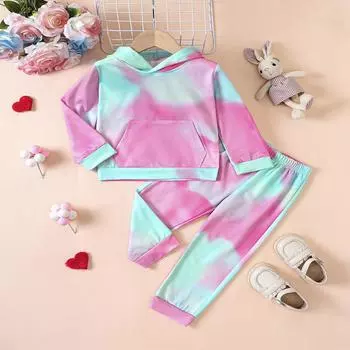 2 шт./комплект толстовка с капюшоном Tie Dye короткий топ + спортивные брюки комплект модная одежда для девочек на открытом воздухе подарок на вечеринку 110