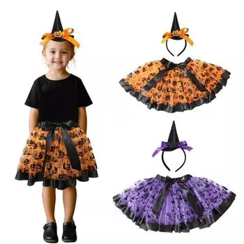 2 шт./комплект тыква детское короткое платье сетчатое детское платье на Хэллоуин фатиновая юбка повязка на голову подарки фиолетовый