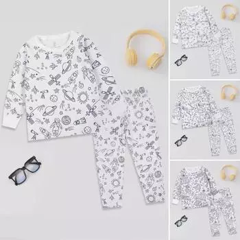 2 шт./комплект унисекс детская DIY цветная пижама с бесцветным забавным рисунком животных с длинными рукавами 7T