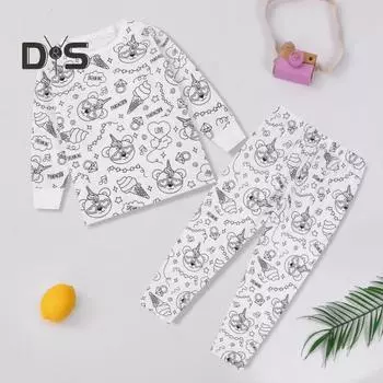 2 шт./комплект унисекс детская пижама своими руками раскрашиваемая с бесцветными забавными морскими персонажами круглый вырез развивает креативность индивидуальное самовыражение детей 4T белый