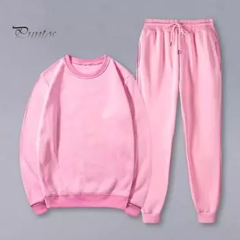 2 шт./комплект унисекс толстовка брюки костюм круглый вырез длинный рукав спортивная толстовка шнурок эластичный пояс брюки фитнес костюм осень весна спортивный костюм S розовый