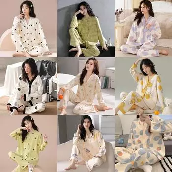 2 шт./комплект весенне-осенняя молочная шелковая пижама женский кардиган V-образный вырез домашняя одежда с длинными рукавами женский принт в горошек мультяшный милый L синий