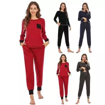 2 шт./комплект весенний женский топ и брюки костюм с длинными рукавами круглый вырез топ эластичный пояс свободные брюки наряд домашняя одежда пижама комплект ночная рубашка комплект L темно-синий