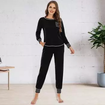 2 шт./комплект весенний женский топ и брюки костюм с длинными рукавами круглый вырез топ эластичный пояс свободные брюки наряд домашняя одежда пижама комплект ночная рубашка комплект XL вино красного