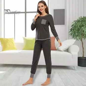 2 шт./комплект весенний женский топ и брюки костюм с длинными рукавами круглый вырез топ эластичный пояс свободные брюки наряд домашняя одежда пижама комплект ночная рубашка комплект XL чёрный