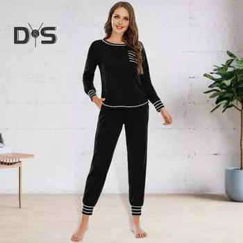 2 шт./комплект весенний женский топ и брюки костюм с длинными рукавами круглый вырез топ эластичный пояс свободные брюки наряд домашняя одежда пижама комплект ночная рубашка комплект L чёрный