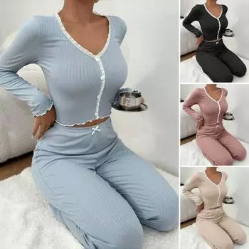 2 шт./комплект весенний женский топ и брюки костюм с длинными рукавами V-образный вырез кружевная сборка отделка укороченный топ эластичный пояс брюки наряд домашняя одежда пижама S