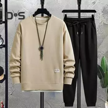 2 шт./комплект весна осень мужской повседневный спортивный костюм вафельная текстура О-образный вырез длинный рукав имитация двух частей толстовка эластичный пояс спортивные штаны комплект L белый