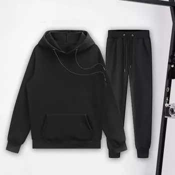 2 шт./комплект весна-осень пара однотонный спортивный костюм с капюшоном шнурок длинный рукав толстовка эластичный пояс карманы длинные брюки M чёрный
