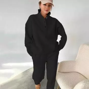 2 шт./комплект весна-осень женский топ брюки комплект воротник стойка длинный рукав толстовка эластичный высокая талия максимальный комфорт брюки спортивный фитнес костюм L чёрный