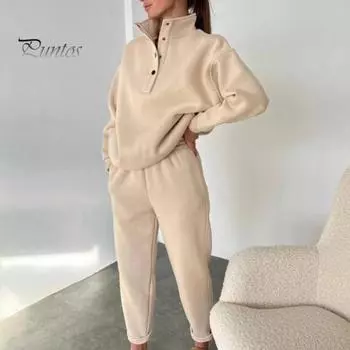 2 шт./комплект весна-осень женский топ брюки комплект воротник стойка длинный рукав толстовка эластичный высокая талия максимальный комфорт брюки спортивный фитнес костюм L абрикосовый