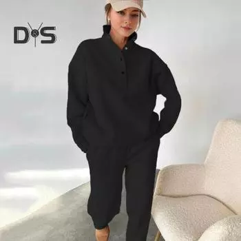 2 шт./комплект весна-осень женский топ брюки комплект воротник стойка длинный рукав толстовка эластичный высокая талия максимальный комфорт брюки спортивный фитнес костюм L чёрный