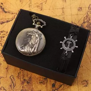 2 шт./комплект, винтажные мужские карманные часы, ретро-часы с подвеской в виде лошади и охотника, кварцевые часы с цепочкой для ожерелья и 1 модный мужской браслет, идеально подходит для мужчин