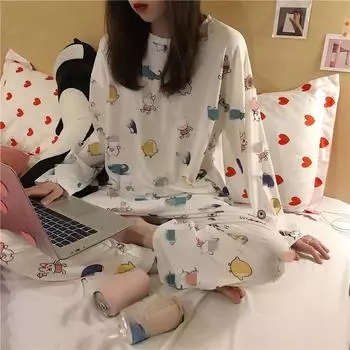 2 шт./комплект женская домашняя одежда милый мультфильм животных студенческая пижама с длинными рукавами осень и зима длинные брюки для молодых девушек свитшот M белый