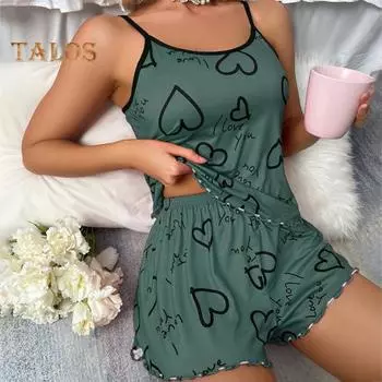 2 шт./комплект женская домашняя одежда топ шорты костюм с принтом сердца без рукавов спинки сборчатый жилет эластичные шорты с высокой талией майка шорты наряд для леди лето 3XL серый