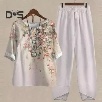 2 шт./комплект женская футболка брюки весна лето О-образный вырез цветочный принт рубашка с короткими рукавами повседневный свободный топ эластичный пояс спортивные шаровары брюки комплект 2XL хаки