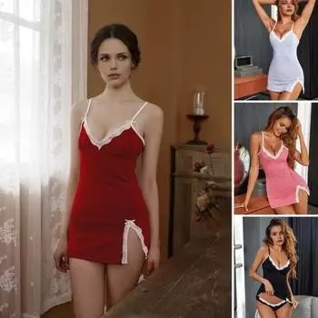 2 шт./комплект, женская летняя ночная рубашка, трусики, комплект с открытой спиной, глубокий V-образный вырез, без рукавов, кружевная отделка, разрез по низу, ночная сорочка, трусы, спальня, медовый месяц S красный