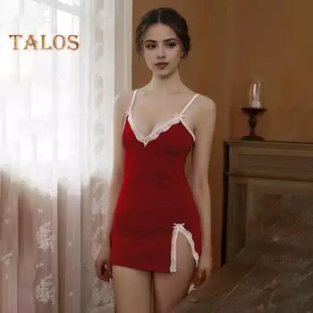 2 шт./комплект, женская летняя ночная рубашка, трусики, комплект, бретельки на бретельках, без рукавов, бант, кружевной декор, V-образный вырез, разрез, подол, ночная рубашка, женская ночная рубашка S вино красного