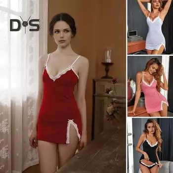 2 шт./комплект, женская летняя ночная рубашка, трусики, комплект с открытой спиной, глубокий V-образный вырез, без рукавов, кружевная отделка, разрез по низу, ночная сорочка, трусы, спальня, медовый месяц, свадьба S чёрный