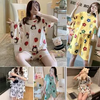 2 шт./комплект, женская летняя пижама из ледяного шелка с коротким рукавом, короткие штаны, сладкая принтованная клубника, домашняя одежда, одежда для отдыха с мультяшным цветочным принтом One size