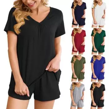 2 шт./комплект, женская летняя пижама, костюм с V-образным вырезом и коротким рукавом, комплект домашней одежды, топ и шорты, комплект свободных шорт, повседневный спортивный наряд S