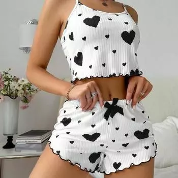 2 шт./комплект, женская летняя пижама, костюм с регулируемым ремешком, без рукавов, с принтом в виде сердца, укороченный топ с присборенной кромкой, шорты с высокой талией, комплект одежды для сна в спальню S чёрный