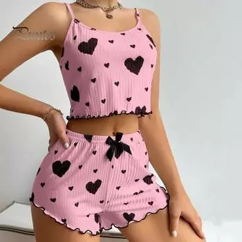 2 шт./комплект, женская летняя пижама, костюм с регулируемым ремешком, без рукавов, с принтом в виде сердца, укороченный топ с присборенной кромкой, шорты с высокой талией, комплект одежды для сна в спальню S чёрный