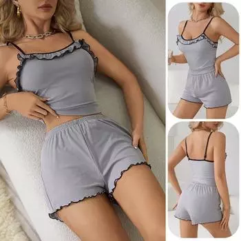 2 шт./комплект, женская летняя пижама, костюм с оборками, пэчворк, без рукавов, с открытой спиной, полицейский топ, мини-шорты с высокой талией, повседневная ночная рубашка, облегающая одежда для сна S серый