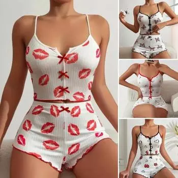 2 шт./комплект, женская летняя пижама, костюм с принтом бабочки и сердца, без рукавов, с открытой спиной, топ с высокой талией, мини-шорты, повседневная ночная рубашка, облегающая одежда для сна M