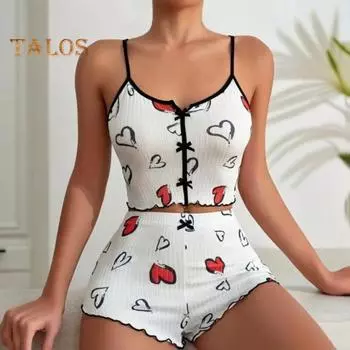 2 шт./комплект, женская летняя пижама, костюм с принтом бабочки и сердца, без рукавов, с открытой спиной, топ с высокой талией, мини-шорты, повседневная ночная рубашка, облегающая одежда для сна L красный