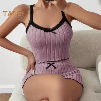 2 шт./комплект, женская летняя пижама, костюм с присборенным краем, без рукавов, с открытой спиной, укороченный топ с кружевным бантом, высокая талия, мини-шорты, повседневная ночная рубашка, облегающая одежда для сна S серый