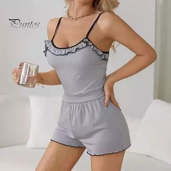 2 шт./комплект, женская летняя пижама, костюм с оборками, пэчворк, без рукавов, с открытой спиной, полицейский топ, мини-шорты с высокой талией, повседневная ночная рубашка, облегающая одежда для сна S серый
