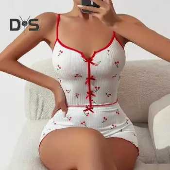 2 шт./комплект, женская летняя пижама, костюм с принтом бабочки и сердца, без рукавов, с открытой спиной, топ с высокой талией, мини-шорты, повседневная ночная рубашка, облегающая одежда для сна M арбуз красный