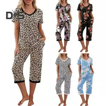 2 шт./комплект, женская летняя пижама с цветочным принтом, V-образный вырез, короткий рукав, рубашка, эластичный пояс, укороченные брюки, домашняя одежда, повседневный наряд, весенняя одежда для сна XXL розовый
