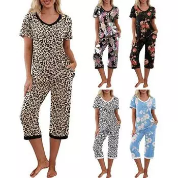 2 шт./комплект, женская летняя пижама с цветочным принтом, V-образный вырез, короткий рукав, рубашка, эластичный пояс, укороченные брюки, домашняя одежда, повседневный наряд, весенняя одежда для сна XXL