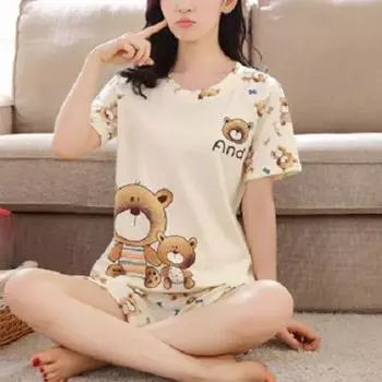 2 шт./комплект, женская летняя пижама с коротким рукавом и круглым вырезом, шорты для молодых девушек, домашняя одежда, свободная тонкая мягкая эластичная студенческая пижама XXL(40-70kg)