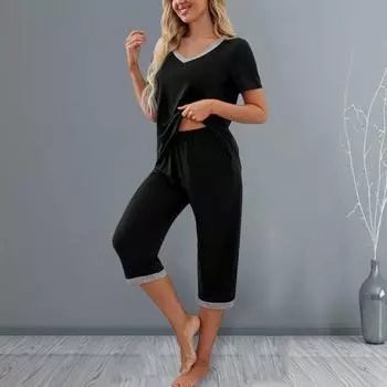 2 шт./комплект, женская летняя пижама с цветочным принтом, V-образный вырез, короткий рукав, рубашка, эластичный пояс, укороченные брюки, домашняя одежда, повседневный наряд, весенняя одежда для сна XXL