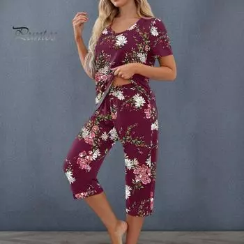 2 шт./комплект, женская летняя пижама с цветочным принтом, V-образный вырез, короткий рукав, рубашка, эластичный пояс, укороченные брюки, домашняя одежда, повседневный наряд, весенняя одежда для сна XXL черный серый