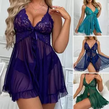 2 шт./комплект женская ночная рубашка трусики комплект глубокий V-образный вырез спинка без рукавов бант сетка цветочная вышивка ночная рубашка стринги комплект M