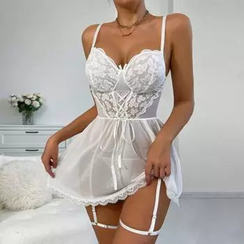 2 шт./комплект, женская ночная рубашка, трусики, комплект с V-образным вырезом, открытой спиной, без рукавов, сетка, бант, кольцо на бедре, цветочная вышивка, плиссированная ночная рубашка, стринги, комплект S