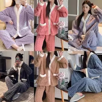2 шт./комплект, женская осенне-зимняя новая фланелевая пижама с длинными рукавами для молодых девушек, однотонная утолщенная свободная домашняя одежда M розовый