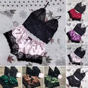 2 шт./комплект, женская пижама, атласный бант, безрукавный укороченный топ, прозрачная кружевная пижама в стиле пэчворк, для спальни, дома, повседневная ночная сорочка S