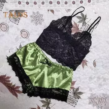 2 шт./комплект, женская пижама, атласный бант, безрукавный укороченный топ, прозрачная кружевная пижама в стиле пэчворк, для спальни, дома, повседневная ночная сорочка S светло-фиолетовый