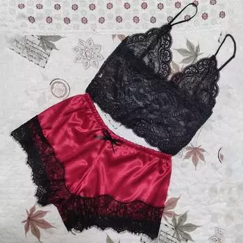 2 шт./комплект, женская пижама, атласный бант, безрукавный укороченный топ, прозрачная кружевная пижама в стиле пэчворк, для спальни, дома, повседневная ночная сорочка S