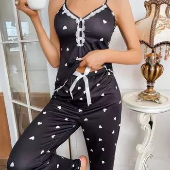 2 шт./комплект, женская пижама, атласный сердечный принт, кружевной топ без рукавов, бант, эластичная резинка на талии, брюки, домашняя одежда, топ, брюки, костюм, женская летняя одежда для сна, домашняя одежда M фиолетовый