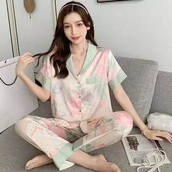 2 шт./комплект женская пижама Ice Silk милая студенческая домашняя одежда кардиган с принтом длинный рукав длинные брюки короткий рукав короткая пижама M