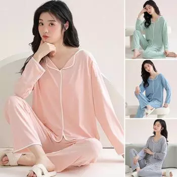 2 шт./комплект, женская пижама, костюм с нагрудными вкладышами, длинные рукава, свободный однотонный топ, эластичная резинка на талии, широкие штанины, одежда для сна, весна-осень, домашняя одежда XXL серый