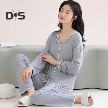 2 шт./комплект, женская пижама, костюм с нагрудными вкладышами, длинные рукава, свободный однотонный топ, эластичная резинка на талии, широкие штанины, одежда для сна, весна-осень, домашняя одежда XL синий