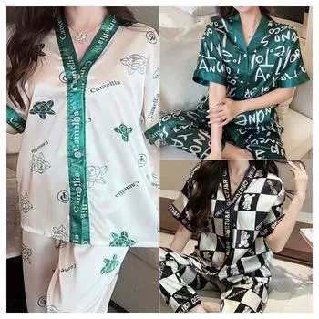 2 шт./комплект, женская пижама, женская домашняя одежда, женский комплект из шелка Ice Silk с коротким рукавом и длинными брюками, большая пижама с медведем, одежда для девочек, домашняя одежда L